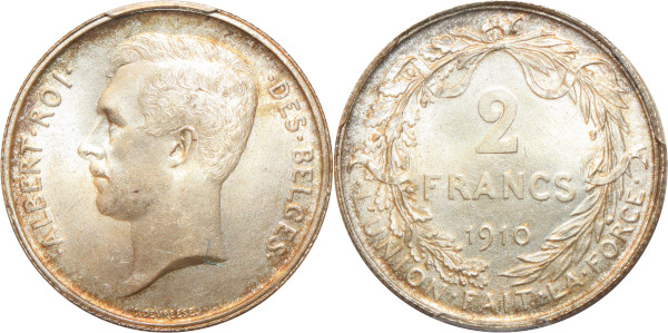 Belgium 2 Francs Albert Roi des Belges 1910 Silver PCGSMS64+