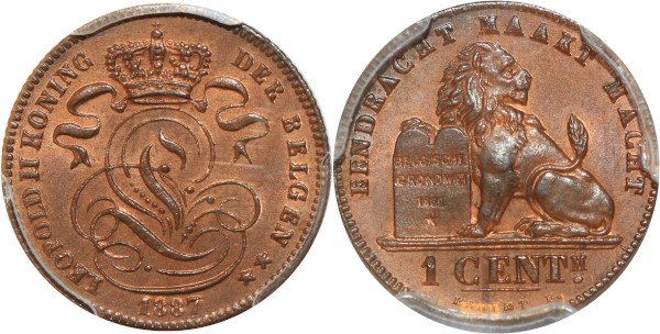 Belgium 1 Centime Leopold II 1887 PCGS MS65 RB