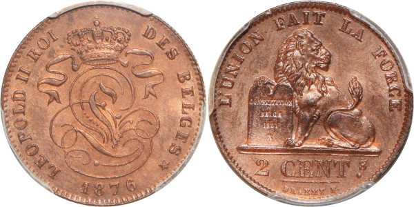 Belgium 2 Centimes Leopold II 1876 PCGS MS64 RB