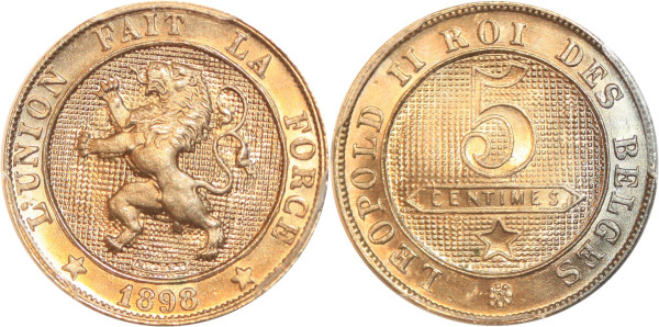 Finest Belgium 5 Centimes Leopold II 1898 PCGS MS67 