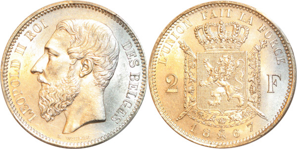 Belgium 2 Francs Leopold II 1867 Silver PCGS AU