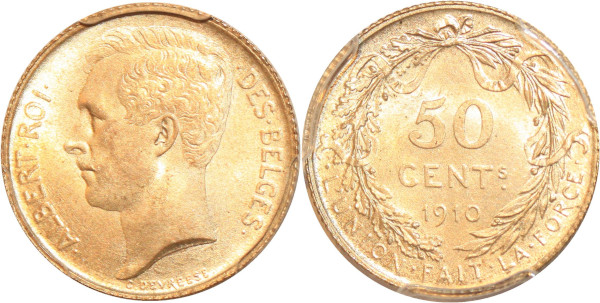 Belgium 50 Centimes Albert Ier 1910 Silver PCGS MS64