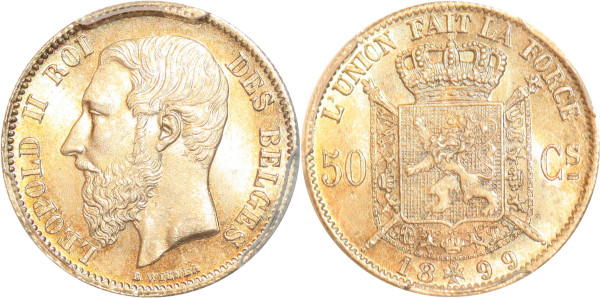 Belgium 50 Centimes Leopold II 1899 Silver PCGS MS65