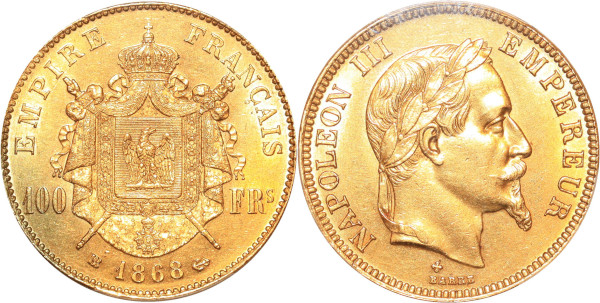 France 100 Francs Napoléon III 1868 BB Strasbourg Or Gold PCGS MS61