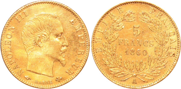 France 5 Francs Napoléon III 1860 A Paris Or Gold AU
