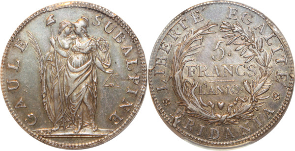 Italy Piedmont Republic 5 Francs an10 Gaule Subalpine PCGS AU53