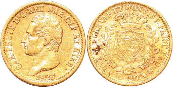Italy Sardaigna 20 Lires Charles Felix 1827 L Eagle Or Gold AU