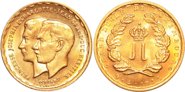 Luxembourg 20 Francs Princesse Charlotte Prince Jean 1953 Or Gold BU