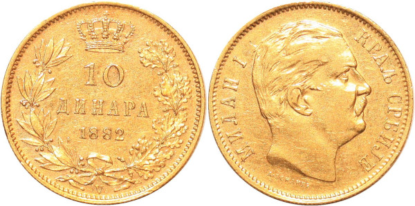 Serbia 10 Dinara Milan I 1882 V Vienna Or Gold AU