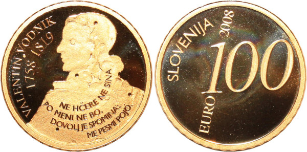 Slovenia 100 Euros 250 years birth Valentin Vodnik 2008 Or Gold PROOF