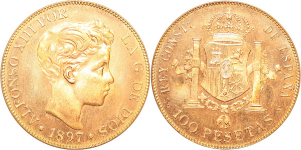 Spain 100 Pesetas Alfonso XIII 1897 *1962* Or Gold BU