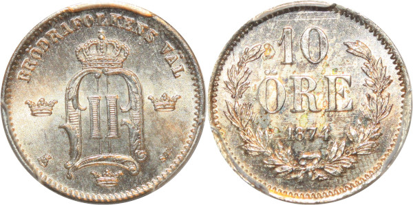 Sweden 2nd Finest 10 Öre Oscar II 1874 ST Silver PCGS MS64