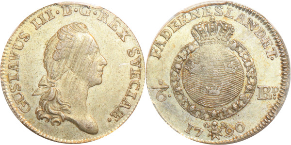 Finest Sweden 1/6 Rigsdaler Gustav III 1790 OL Silver PCGS MS62