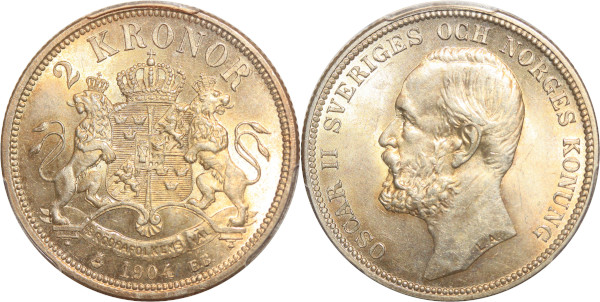 Sweden Rare 2 Kronor Oscar II 1904 EB PCGS MS63 SPL 