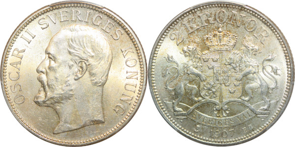Sweden Rare 2 Kronor Oscar II 1907 EB Silver PCGS MS64+ 