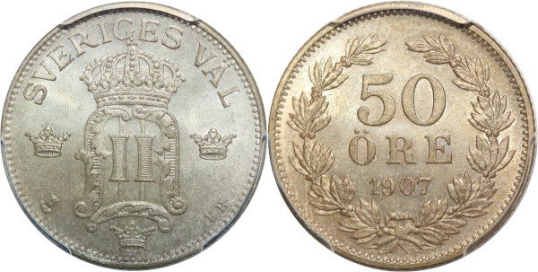 Sweden 50 öre Oscar II 1907 EB Silver PCGS MS65