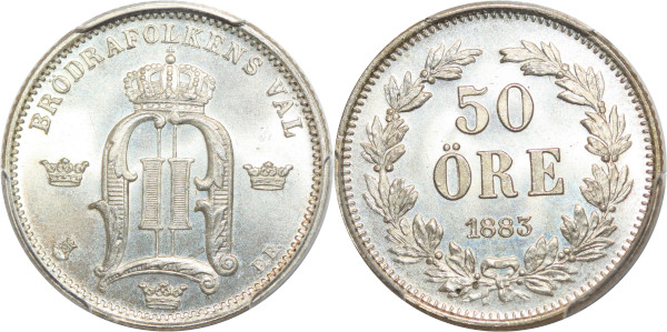 Sweden 50 öre Oscar II 1883 EB Silver PCGS MS66