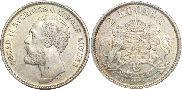 Sweden Rare 2 Kronor Oscar II 1876 EB Silver PCGS AU53