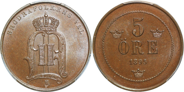 Finest Sweden 5 Öre Oscar II 1895 Silver PCGS 65 