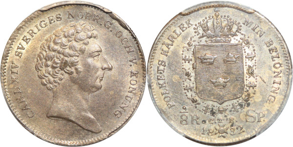 Sweden 1/8 Riksdaler Carl XIV 1832 CB Silver PCGS AU58