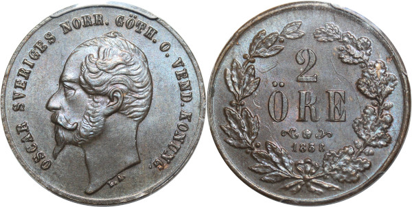 Sweden 2 öre Oscar I 1858/7 PCGS MS64 