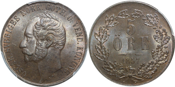 Finest Sweden 5 Ore Oscar I 1857 PCGS MS65 