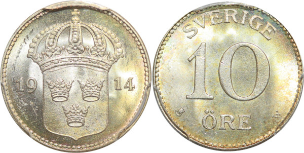 Finest Sweden 10 öre Gustav V 1914 W Silver PCGS MS64