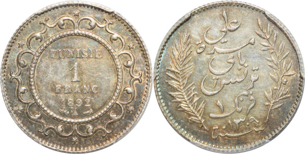 Tunisia 1 Franc AH1309 1892 PCGS AU