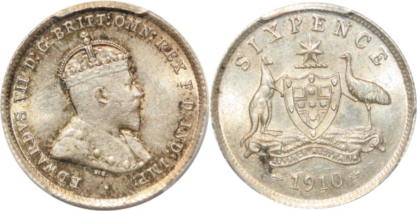 Australia 6 Pence Edward VII 1910 Silver PCGS MS63 
