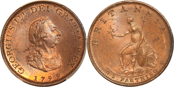 Finest United Kingdom 1/4 Maundy Penny George III Farthing 1799 PCGS MS65