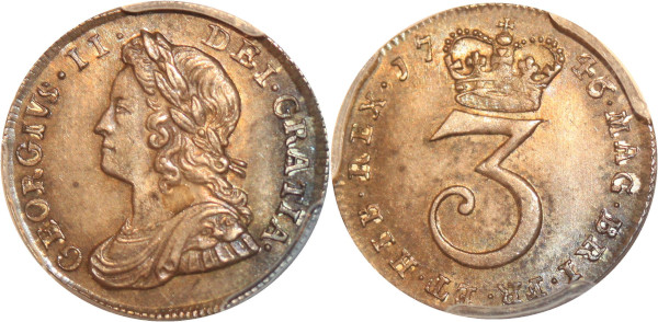 United Kingdom 3 Three Pence 1746 Silver PCGS MS64
