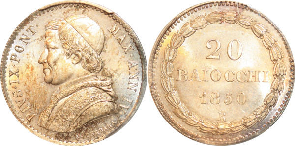 Finest Vatican 20 Baiocchi Pius IX Pont 1850 R Roma Silver PCGS MS65