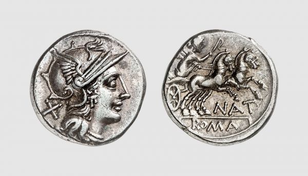 Republic. Pinarius Natta. Rome. 149 BC. AR Denarius (3.53g, 1h). Crawford 200.1; Sydenham 382. Old cabinet tone. Good very fine. From a private collection, acquired from Arnumis (Anne Demeester), Brussels, 1996