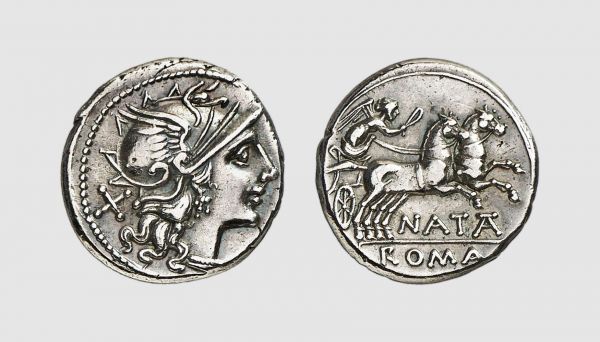 Republic. Pinarius Natta. Rome. 149 BC. AR Denarius (3.66g, 1h). Crawford 208.1; Sydenham 380. Old cabinet tone. Good very fine. From a private collection, acquired from Arnumis (Anne Demeester), Brussels, 1997