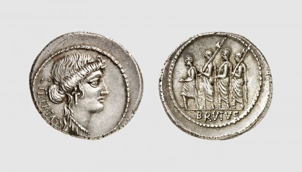 Republic. M. Junius Brutus. Rome. 54 BC. AR Denarius (4.02g, 3h). Crawford 433.1; Sydenham 906a. Old cabinet tone. Struck on a very broad flan. Choice extremely fine. From a private collection