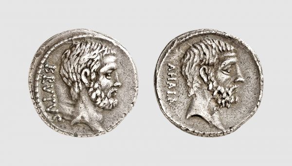 Republic. M. Junius Brutus. Rome. 54 BC. AR Denarius (3.77g, 6h). Crawford 433.2; Sydenham 907. Old cabinet tone. A lovely coin with two superb portraits. Good very fine. From a private collection; Emile Bourgey 1994 (27 June) lot 51

A decade prior to his participation in the assassination of Julius Caesar, Brutus held the office of moneyer, producing an interesting coinage clearly illustrating his admiration for his ancestors who had distinguished themselves in the defense of liberty against the forces of the tyranny. The head of L. Junius Brutus thus recalls the expulsion of the Tarquins from Rome and the establishment of the Republic in 509 BC, whilst that of Servilius Ahala commemorates the deeds of another ancestor who, as master of horse in 439 BC, saved the state by his assassination (already with a dagger...) of the traitor Spurius Maelius.