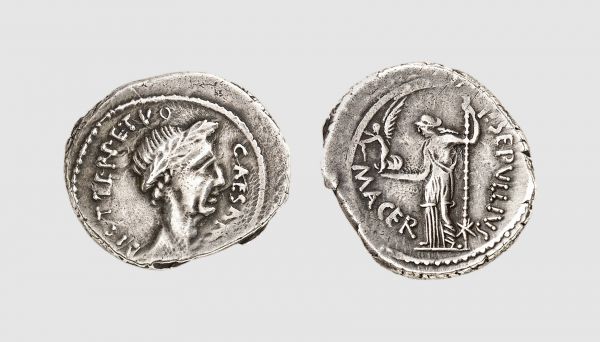 Republic. Julius Caesar. Rome. 44 BC. AR Denarius (3.74g, 11h). P. Sepullius Macer moneyer. Crawford 480.10; Sydenham 1073. Old cabinet tone. Struck from worn dies, otherwise, an attractive example with an elegant portrait. Good very fine. From a private collection