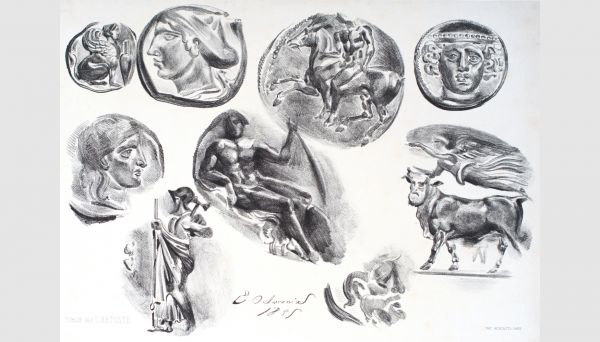 Eugène Delacroix (1798-1863). Sheet of nine greek coins. 1825. Lithograph. 30x21cm. Signed and dated in stone. Printed by Bertauts, published by L'Artiste, Paris. Fourth state of five. Delteil 46. Usual foxing. Of great numismatic interest. From a private collection
 
 Beyond his most emblematic works, it is less known that the young Delacroix had a taste for ancient coins. For two years, between 1824 and 1825, he thus produced several lithographs depicting Greek coins, still perfectly recognizable today, from the Cabinet des médailles (Paris). Art historian Théophile Silvestre even described these studies as 