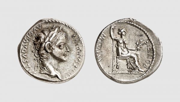 Empire. Tiberius. Lugdunum. AD 36-37. AR Denarius (3.86g, 12h). Tribute Penny type. Cohen 16a; RIC 30. Old cabinet tone. Choice extremely fine. From a private collection; Numismatica Ars Classica 1989 (1) lot 791