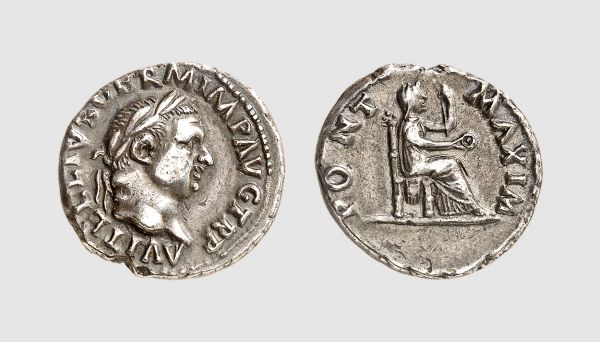 Empire. Vitellius. Rome. AD 69. AR Denarius (3.01g, 6h). RIC 107; Tradart 6.149 (this coin). Old cabinet tone. Well centered. Good very fine. From a private collection, acquired from Tradart, Brussels, 1990