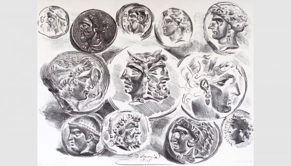 Eugène Delacroix (1798-1863). Sheet of twelve greek coins. 1825. Lithograph. 30x24cm. Signed and dated in stone. Printed by Bertauts, published by L'Artiste. Third state of five. Delteil 47. Usual foxing. Of great numismatic interest. From a private collection
 
 Beyond his most emblematic works, it is less known that the young Delacroix had a taste for ancient coins. For two years, between 1824 and 1825, he thus produced several lithographs depicting Greek coins, still perfectly recognizable today, from the Cabinet des médailles (Paris). Art historian Théophile Silvestre even described these studies as 