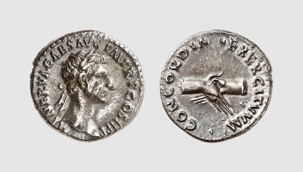 Empire. Nerva. Rome. AD 96. AR Denarius (3.07g, 12h). RIC 2; Tradart 4.82 (this coin). Old cabinet tone. Good very fine. From a private collection; former H.A. collection, Tradart 1991 (1) lot 288; former Eton College collection, Sotheby's 1976 (1 December) lot 515
