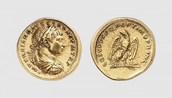 Empire. Trajan. AD 107-108. AV Aureus (7.30g, 6h). Calicó 1009; RIC 144. Very rare. Lightly toned. Interesting reverse type. Good very fine. From a private collection; Tradart 1993 (3) lot 217; The Numismatic Auction 1983 (2) lot 298