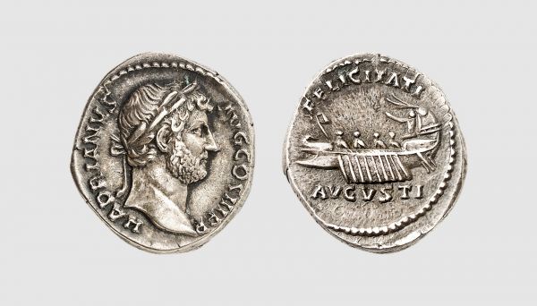 Empire. Hadrian. Rome. AD 134-138. AR Denarius (3.82g, 7h). RIC 240d; Tradart 4.100 (this coin). Old cabinet tone. Choice extremely fine. From a private collection; former H.A. collection, Tradart 1991 (1) lot 302