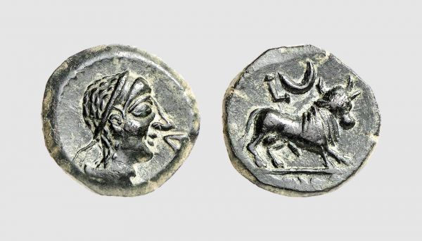 Hispania. Castulo. 1st century BC. Æ Semis (4.31g, 6h). SNG Spain 1377; Tradart 6.1 (this coin). Lovely green patina. Choice extremely fine. From a private collection; Numismatik Lanz 1989 (50) lot 6