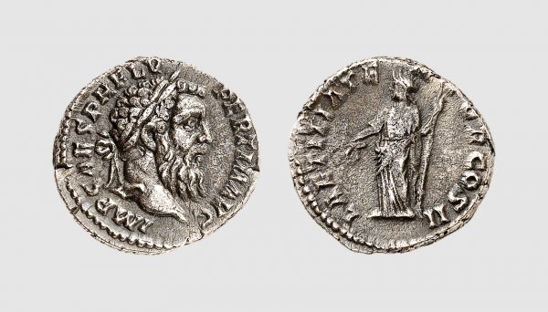 Empire. Pertinax. Rome. AD 193. AR Denarius (3.25g, 6h). RIC 4a; Tradart 6.176 (this coin). Old cabinet tone. A bold portrait of fine style. Good very fine. From a private collection; Giessener Münzhandlung 1990 (50) lot 610