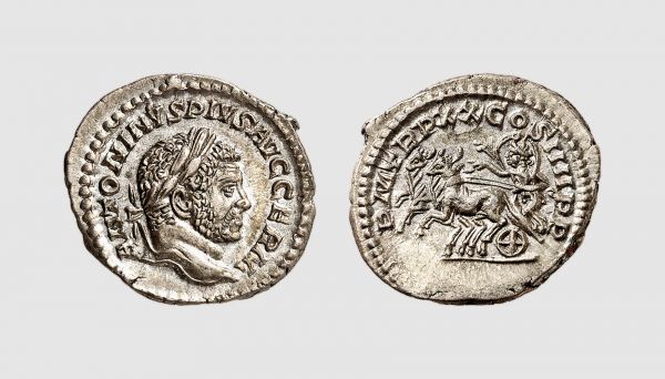 Empire. Caracalla. Rome. AD 217. AR Denarius (2.92g, 12h). Cohen 395; RIC 284d. Old cabinet tone. Struck on a broad flan. Superb extremely fine. From a private collection; former H.A. collection, Tradart 1991 (1) lot 355