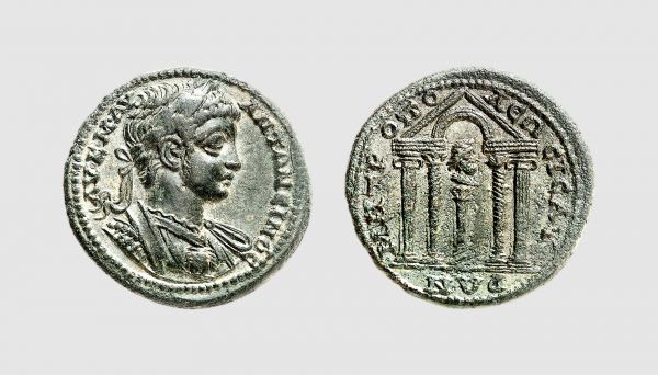 Empire. Caracalla. Isaura. AD 200-210. Æ 26 (8.02g, 6h). SNG von Aulock 8653; Tradart 5.23 (this coin). Very rare. Lovely light green patina. Choice extremely fine. From a private collection; Tradart 1993 (3) lot 250; Frank Sternberg 1982 (12) lot 673