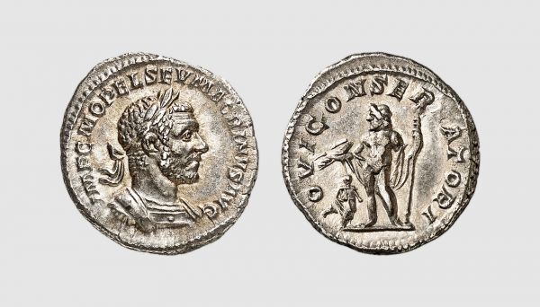 Empire. Macrinus. AR Denarius. AD 217-218. AR Denarius (3.34g, 12h). Cohen 37; RIC 76b. Old cabinet tone. Choice extremely fine. From a private collection, acquired from Arnumis (Anne Demeester), Brussels, 1999