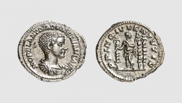 Empire. Diadumenian. Rome. AD 217-218. AR Denarius (4.37g, 6h). Cohen 3; RIC 102. Old cabinet tone. Charming portrait. Good very fine. From a private collection, acquired from Tradart, Brussels, 1989